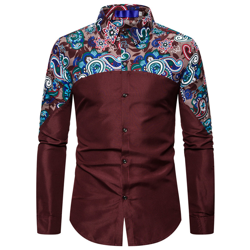 Men's Personality Stitching Cashew Print Long Sleeved Shirt