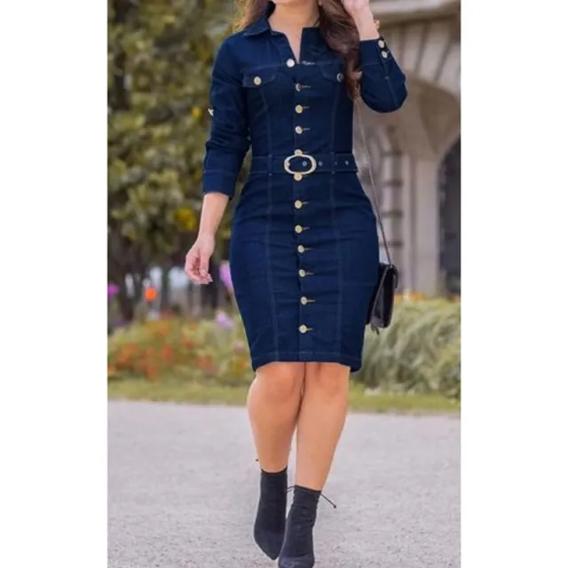 Long Slim Long Sleeve Denim Goddess Dress Navy - Shop at LoveMi