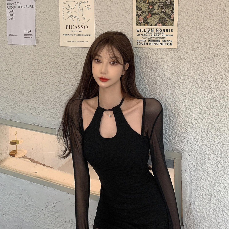 Mesh Stitching Halterneck Slim Slit Skirt