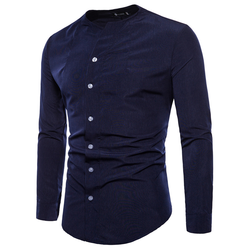 Men's Tailoring Diagonal Placket Asymmetric Zipper Long Sleeved Shirt