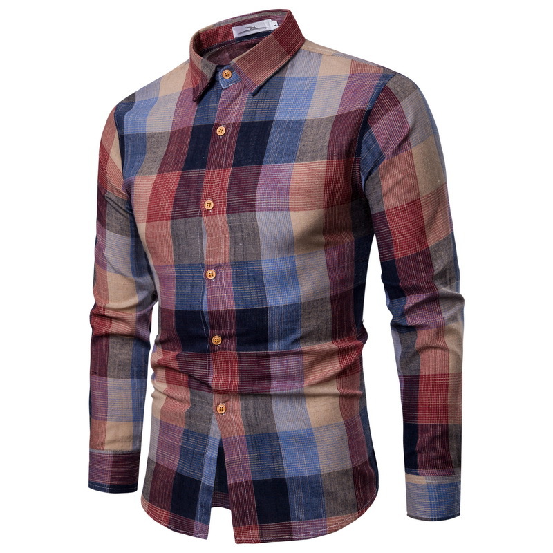 Slim Fit Long Sleeved Casual Shirt Plaid Men's Shirt