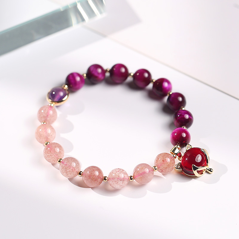 New Original Two-Color Sandwich Crystal Bracelet Female Rose Red Tiger Eye Stone Strawberry Crystal Amethyst Couple Bracelet