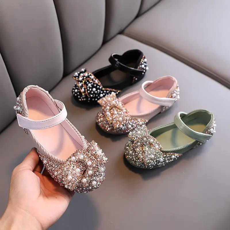 Girls' Leather Shoes Spring and Autumn Style Single Rhinestone