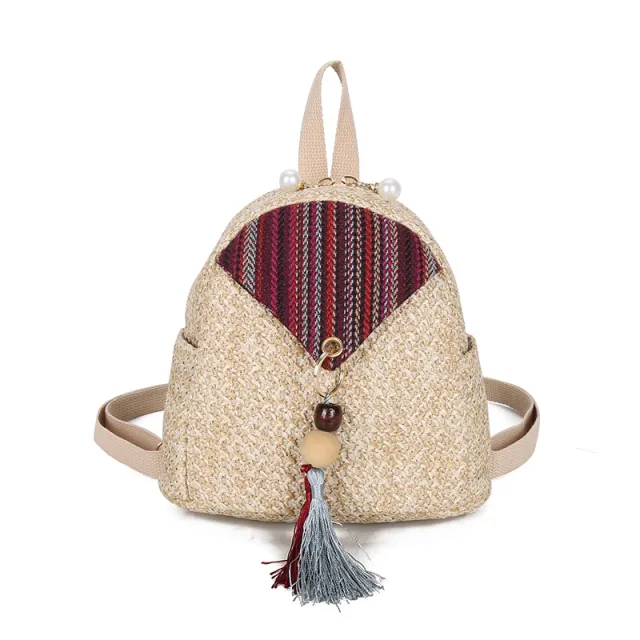 Straw Backpack Mini Ethnic Style Tassel Pouch Beige - Shop at LoveMi