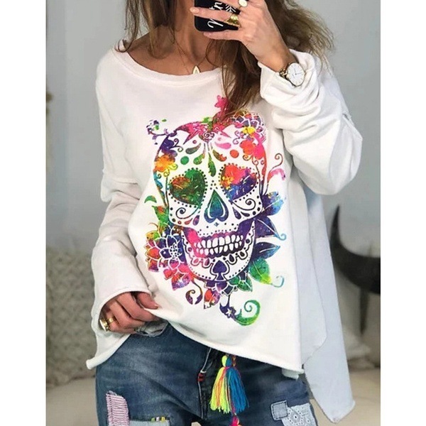Skull Print Long Sleeve Pullover Sweatshirt