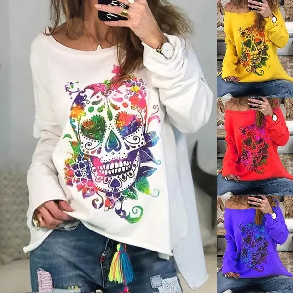 Skull Print Long Sleeve Pullover Sweatshirt