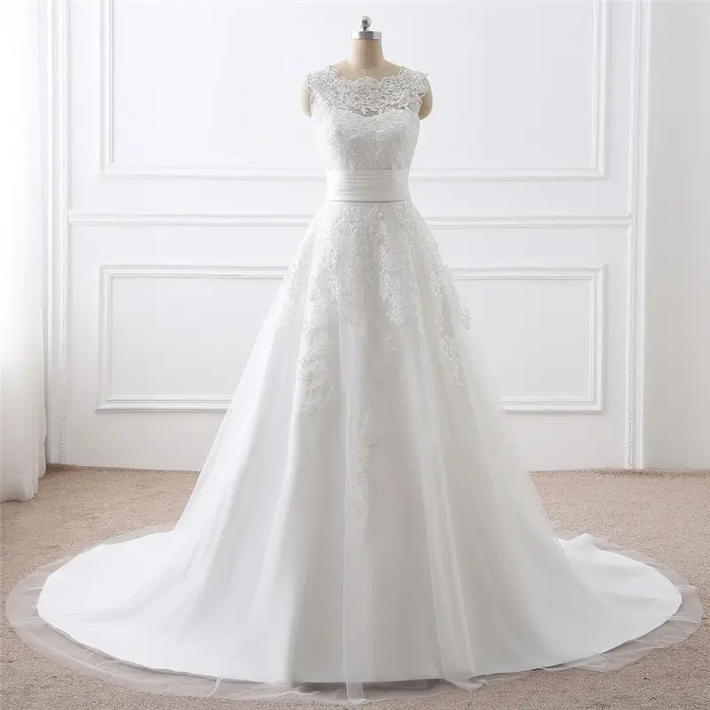 Two-piece White Wedding Dress with Round Neck and Elegant