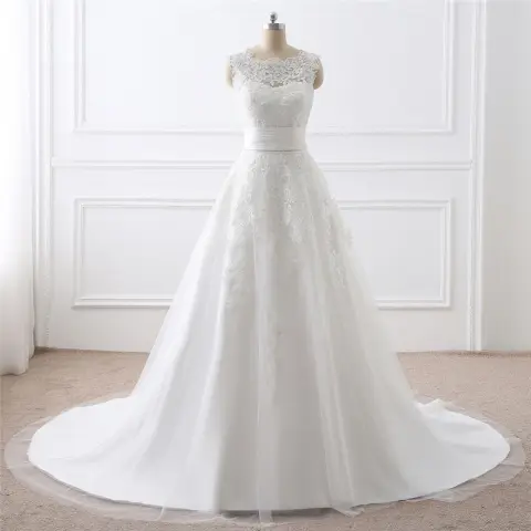Two-piece White Wedding Dress with Round Neck and Elegant