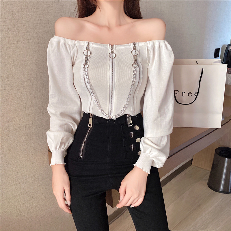 Autumn And Winter Sexy One-Shoulder Self-Cultivation Wild Knit Long-Sleeved Top, Short T-Shirt Female