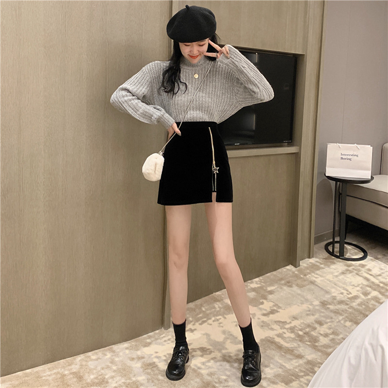 Little Black Skirt Skirt Autumn New Hong Kong Flavor Personality Zipper High Waist Skirt Bag Hip Culottes
