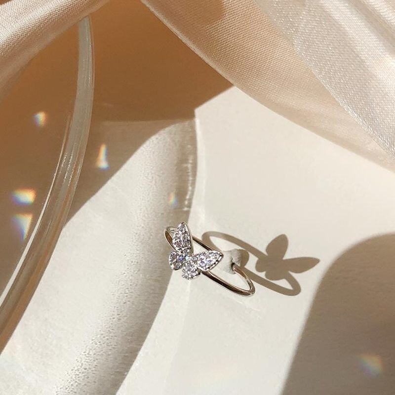Simple Flash Diamond Butterfly Open Ring