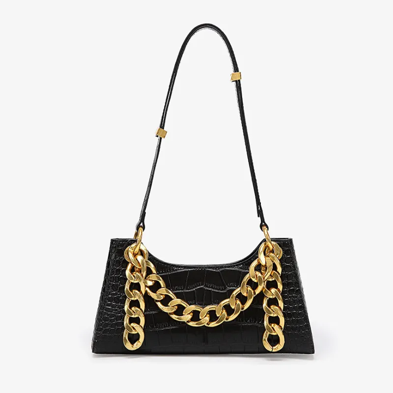 Crocodile Pattern One Shoulder Underarm Large Thick Chain Frog Retro Baguette Bag - Black