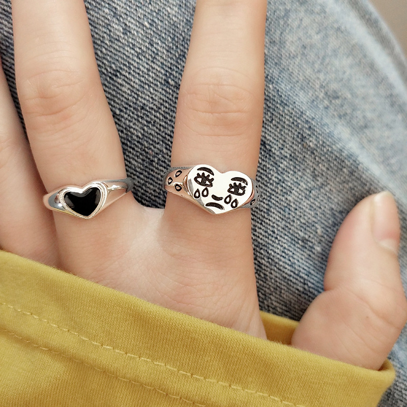 Thai Silver Ring Black Love Female Ring Tear Point Expression Opening Distressed Fewelry