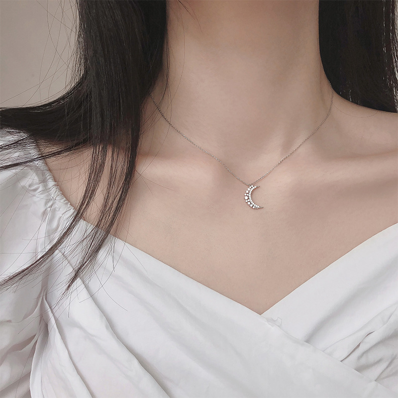 S925 Sterling Silver 14K Gold Plated Moon Necklace Simple Clavicle Chain Necklace
