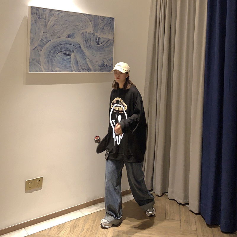 Super Fire Pullover Fashion Loose Korean Round Neck Hoodless Sweater