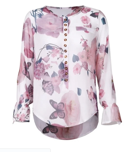 Ladies Loose Women's Shirt Long Sleeve V-Neck Printed Shirt