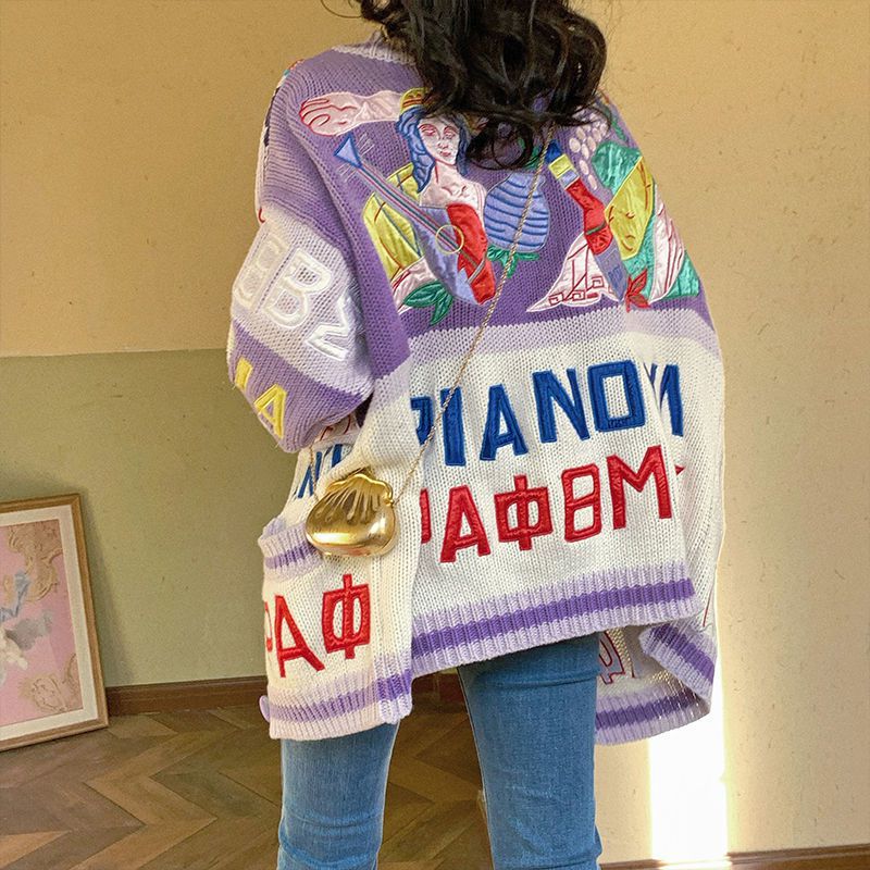 Retro Sweater Coat Loose Lazy Style Embroidery Knitted Cardigan Women