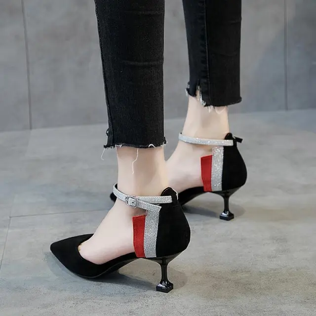 All Match Baotou Word Buckle Roman Hollow Cat Heel Shoes Black - Shop at LoveMi
