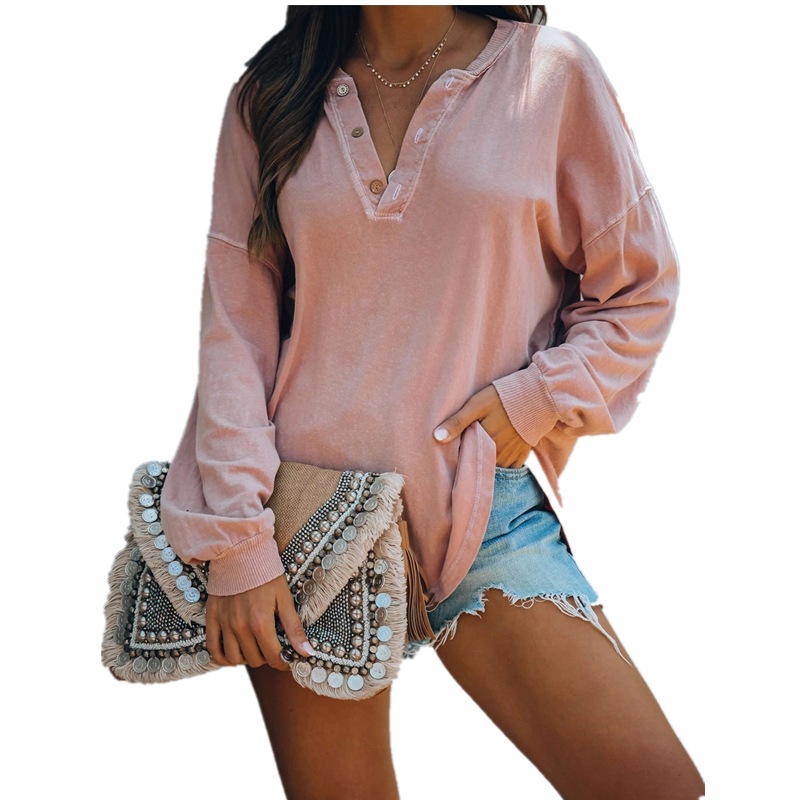 Solid Color Fashion V-neck Long-sleeved Button Top