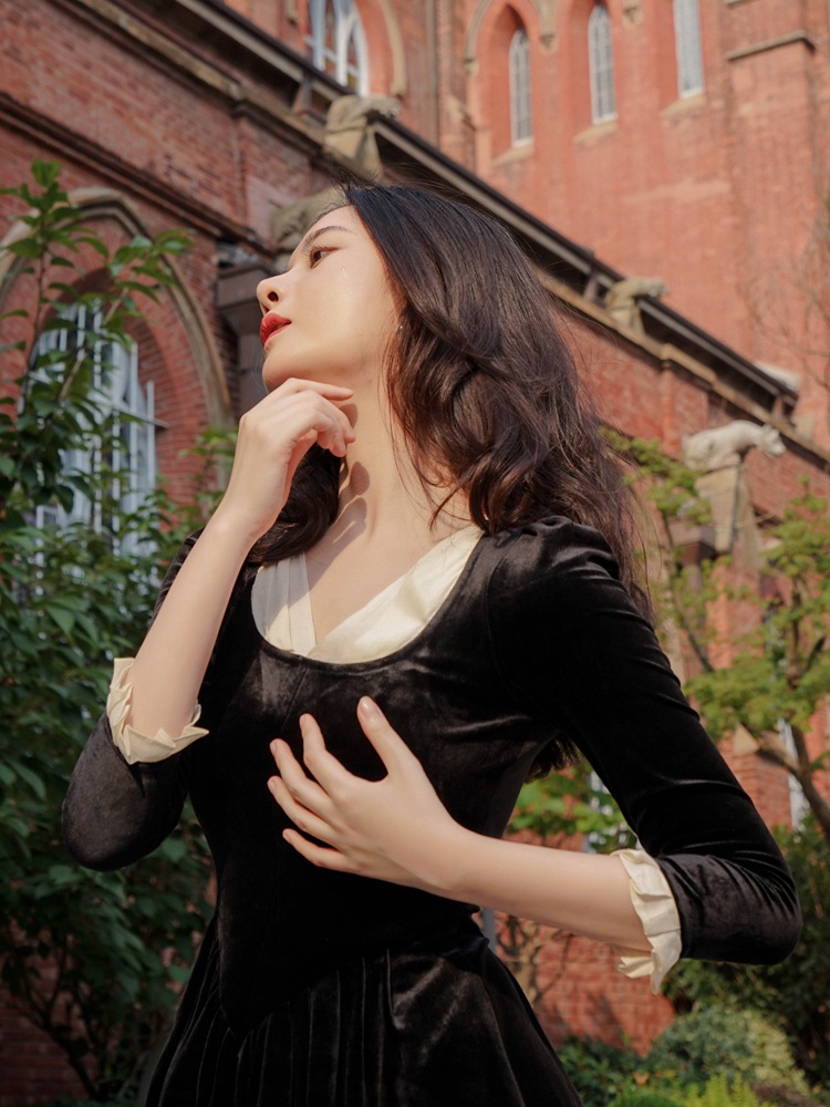 Autumn 19Th French Retro High-Waist Velvet Black Wise Smoked Dress Mid-Length Skirt Base Skirt