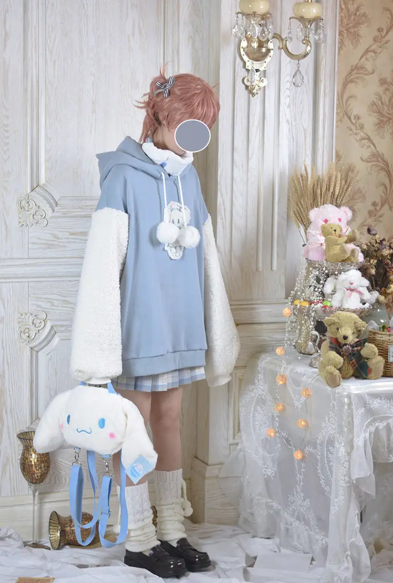 Autumn Kawaii Lolita Women Hooded Sweatshirt Solid Lamb Embroidery Patchwork Fleece Long Sleeve Hoodies Pullover Velvet Moletom