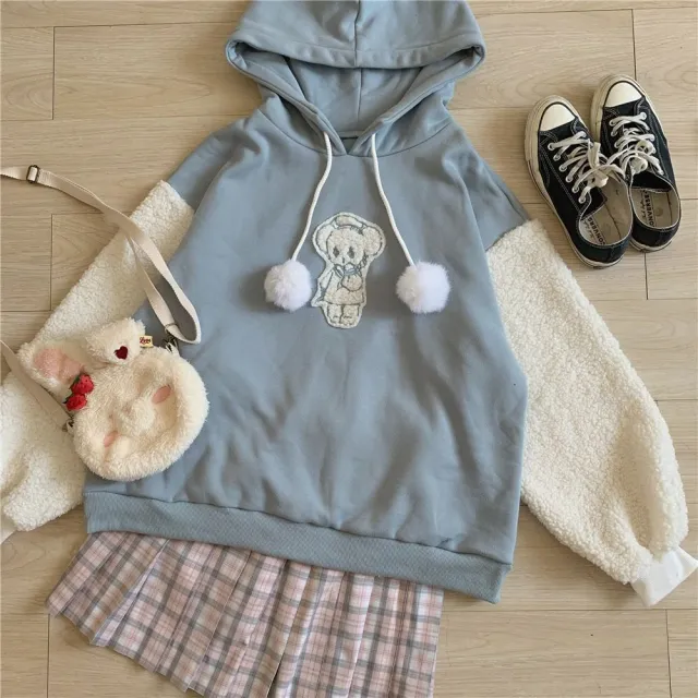 Autumn Kawaii Lolita Women Hooded Sweatshirt Solid Lamb Embroidery Patchwork Fleece Long Sleeve Hoodies Pullover Velvet Moletom Blue - Shop at LoveMi