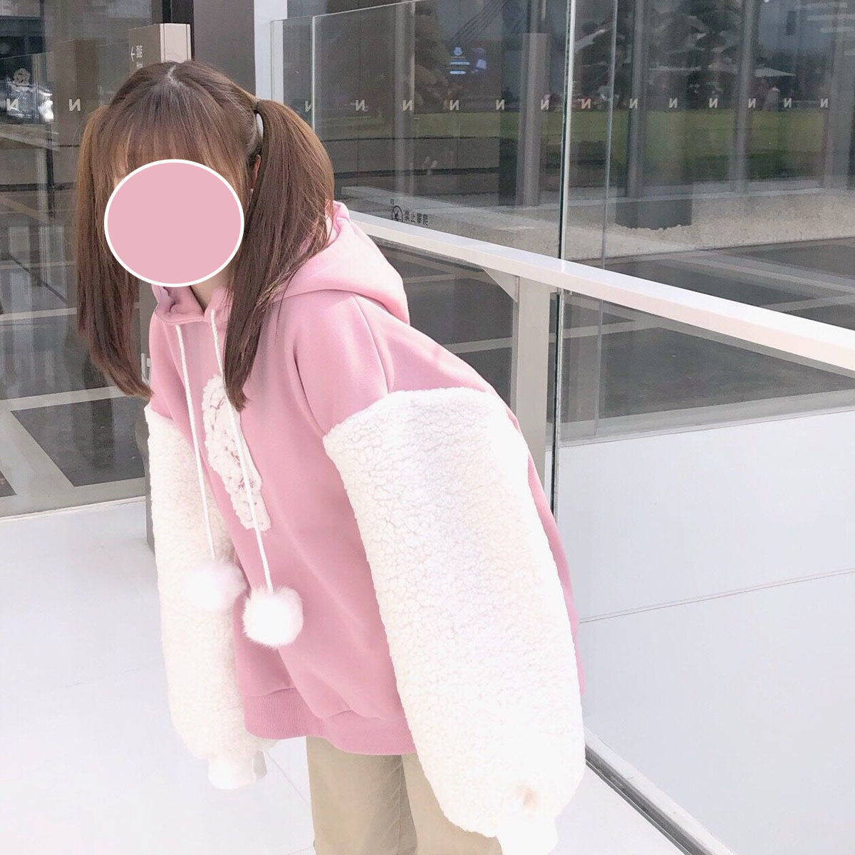 Autumn Kawaii Lolita Women Hooded Sweatshirt Solid Lamb Embroidery Patchwork Fleece Long Sleeve Hoodies Pullover Velvet Moletom