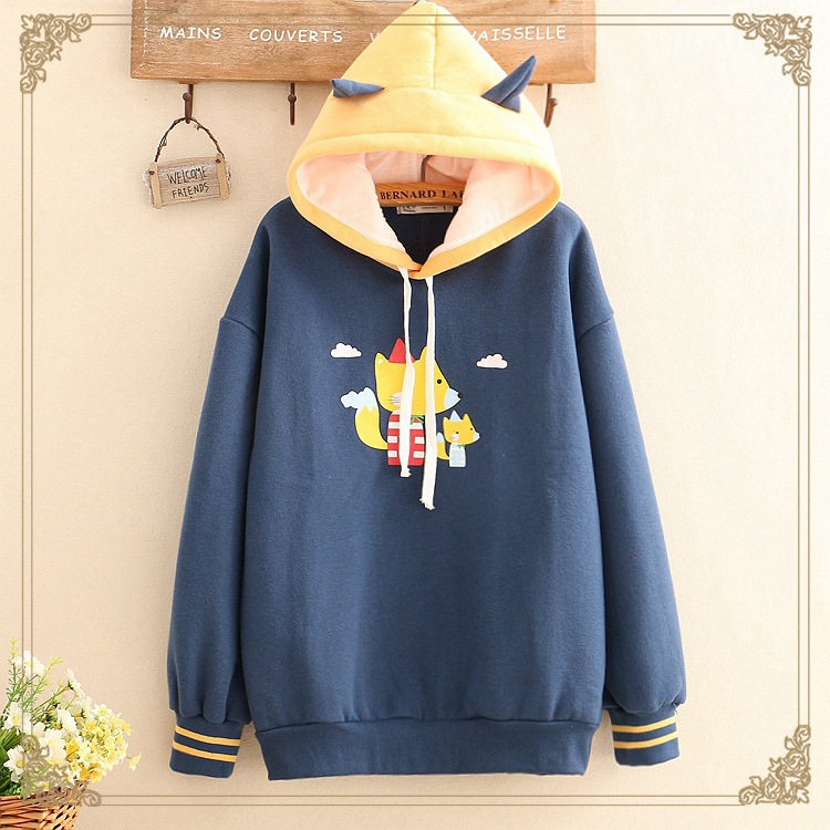 Mori Girl 19 Autumn And Winter Clothes Student Childlike Fox Cloud Color Matching Hooded Plus Velvet Warm Sweater Girl Color Matching Hoodie Outside