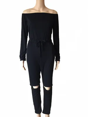One Line Collar Oblique Shoulder Jumpsuit Feminine Sense Of Ripped Leggings Black - Shop at LoveMi