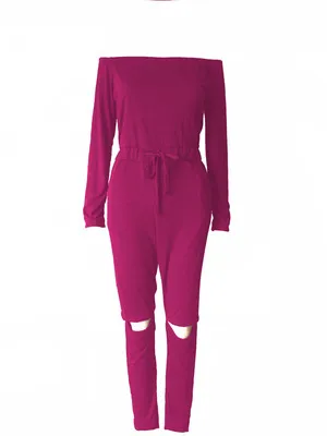 One Line Collar Oblique Shoulder Jumpsuit Feminine Sense Of Ripped Leggings Rose - Shop at LoveMi