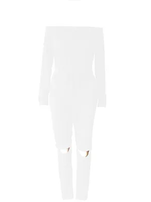 One Line Collar Oblique Shoulder Jumpsuit Feminine Sense Of Ripped Leggings - White