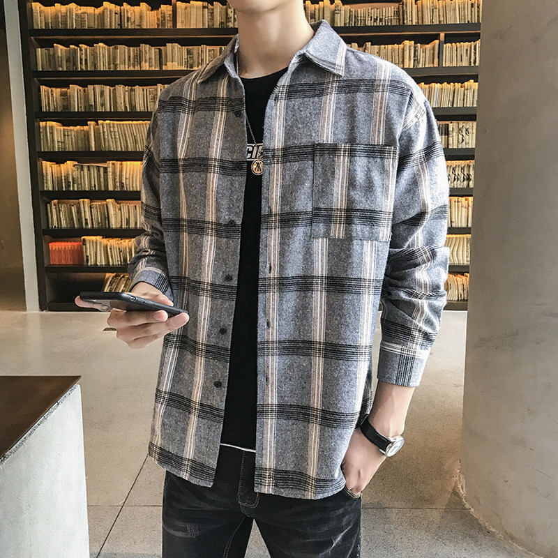 Casual Men's Shirt Long Sleeve Shirt Black Plaid Top Shirt