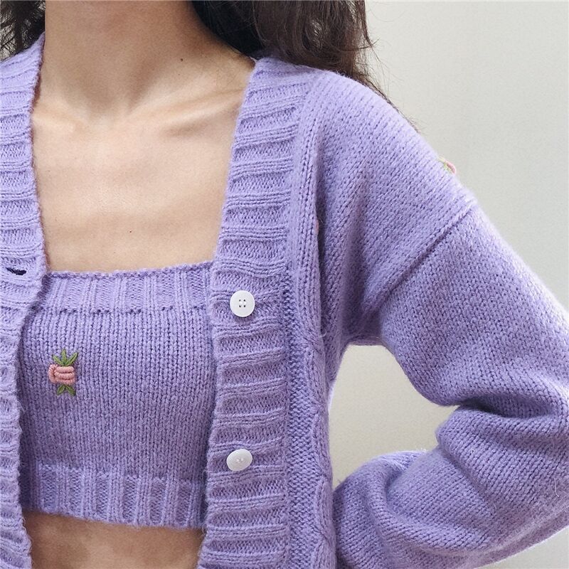 Printed Handmade Chain Link Purple Sweater Cardigan Camisole Suit