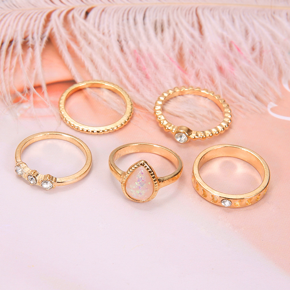 European And American Fashion Shining White Color Gem Water Drop Diamond 5-Piece Bohemian Joint Ring