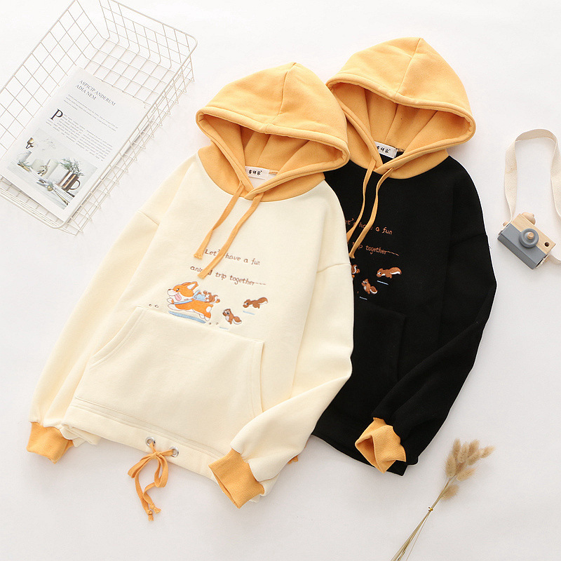 Small Fresh And Sweet Cartoon Naughty Dog Embroidery Thick Sweater Hooded Sweater