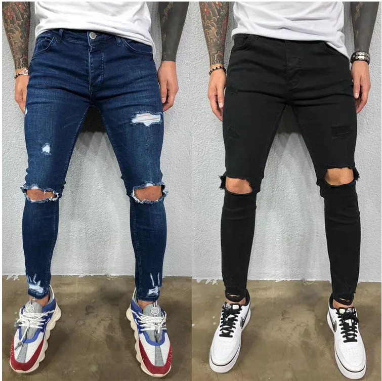 Men Jeans Black Blue Cool Skinny Knee Hole Ripped