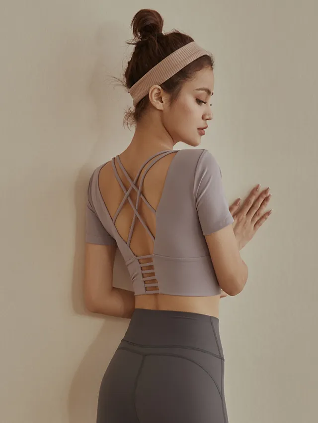 Summer Short sleeved Suit Sports Pilates Clothes Beautiful Back Fairy Net Red Fitness Clothes Purple - Shop at LoveMi
