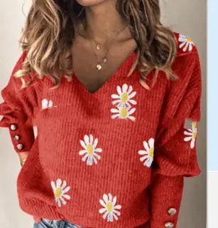 Ladies Small Daisy Knitted V Neck Loose Long Sleeves