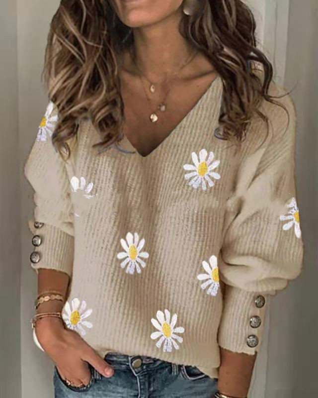 Ladies Small Daisy Knitted V Neck Loose Long Sleeves