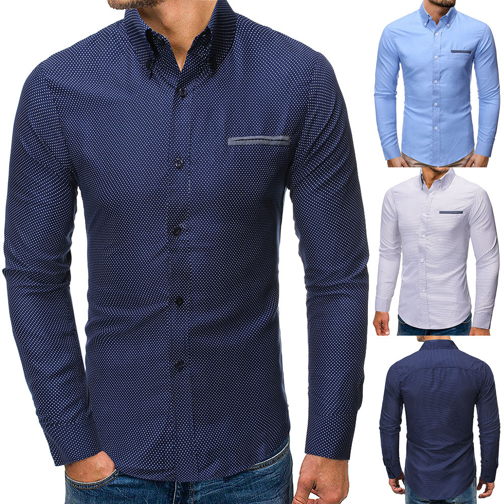 Men's New Fashion Polka Dot Printing Casual Slim Long Sleeved Shirt