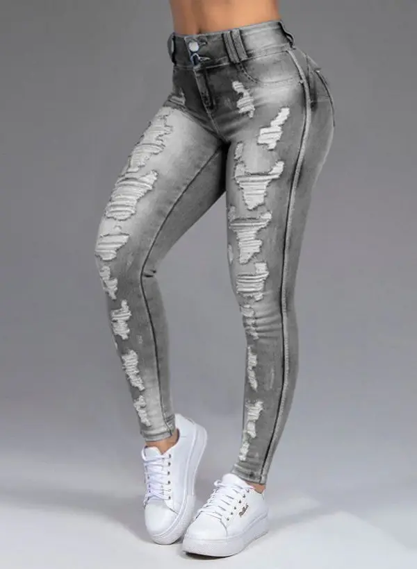 Ladies Jeans Ripped Holes Show Thin Stretch Trousers Women