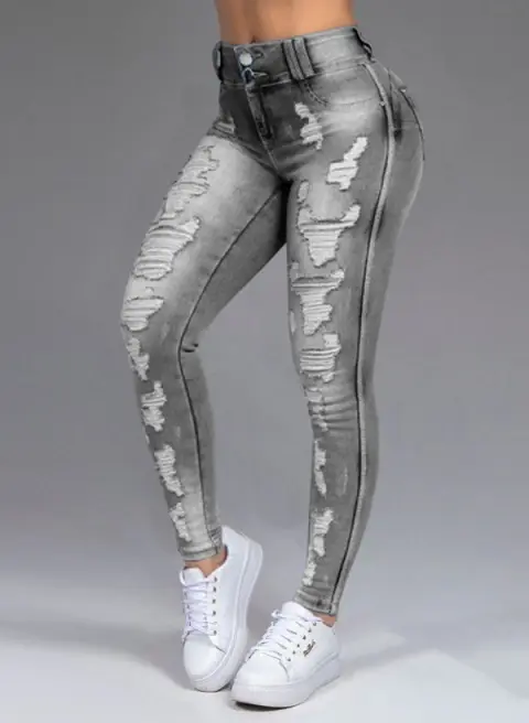 Ladies Jeans Ripped Holes Show Thin Stretch Trousers Women