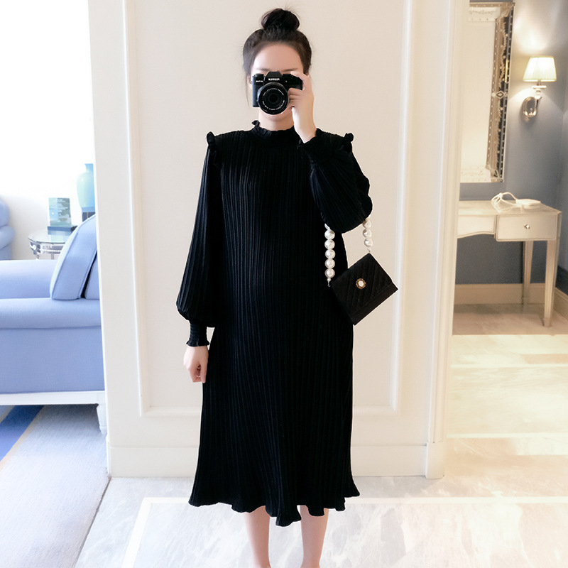 Real Photo Maternity Dress Early New Autumn Fashion Loose Large Medium Length Pleated Dress