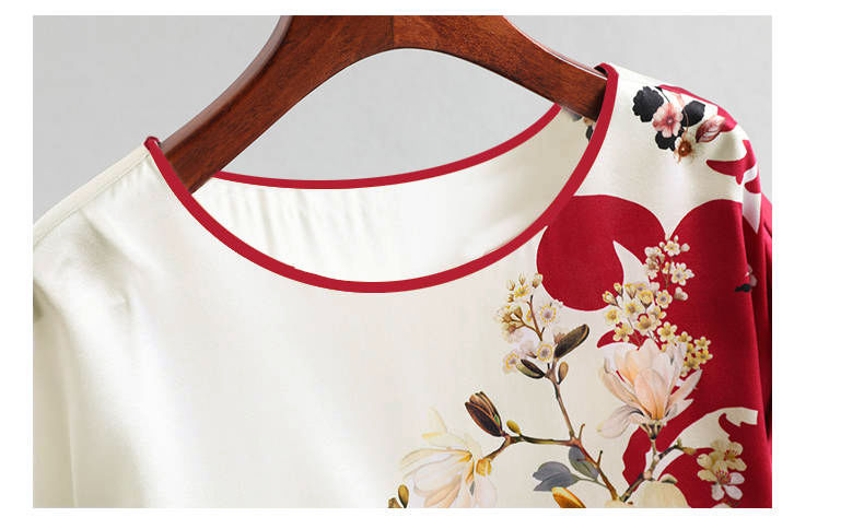 Fashion Floral Print Shirt Silk Satin Plus Size Bat Sleeve Retro Casual Short-sleeved Top