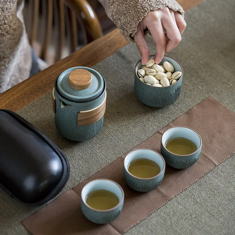 Bluestone Glaze Striped Quick Guest Cup One Pot Two Cups Four Cups Ceramic Travel Portable Tea Set Outdoor