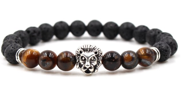 Lion Head 8mm Beaded Bracelet Volcanic Stone
