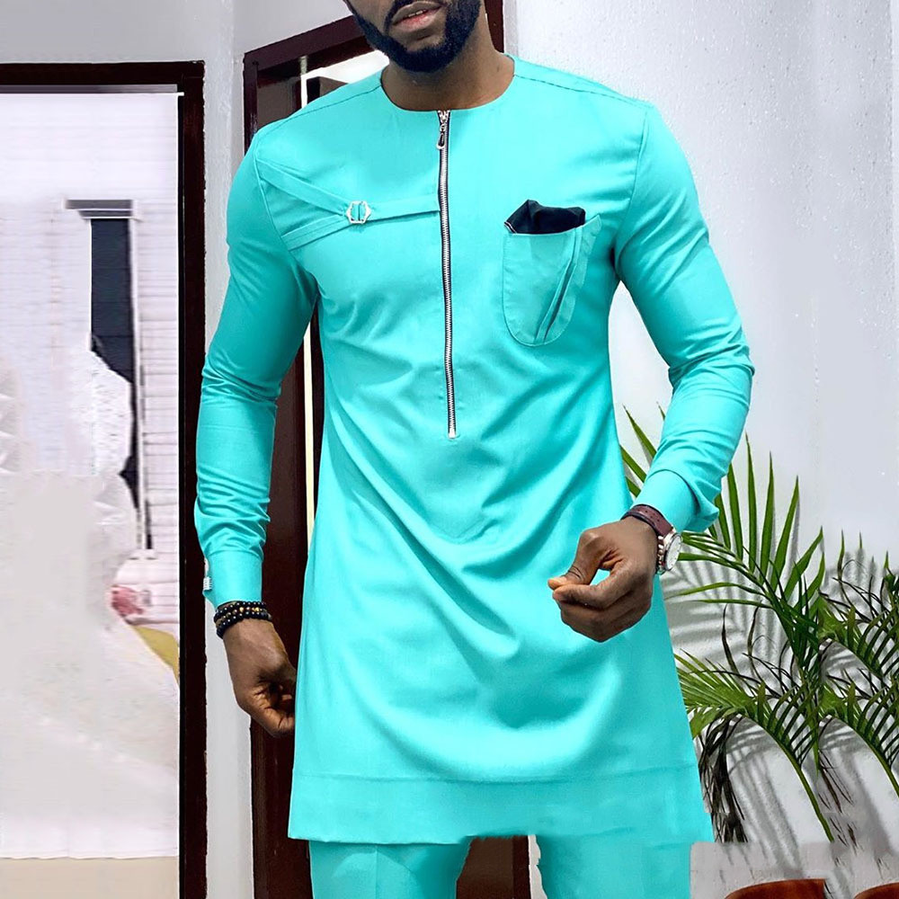 Foreign Trade Spring Youth Round Neck Casual Solid Color Cotton African Ethnic Style Men's Robe Shirt