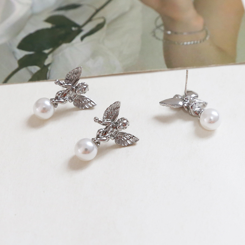 Retro Baroque angel wings pearl stud S925 silver DIY handmade earrings accessories