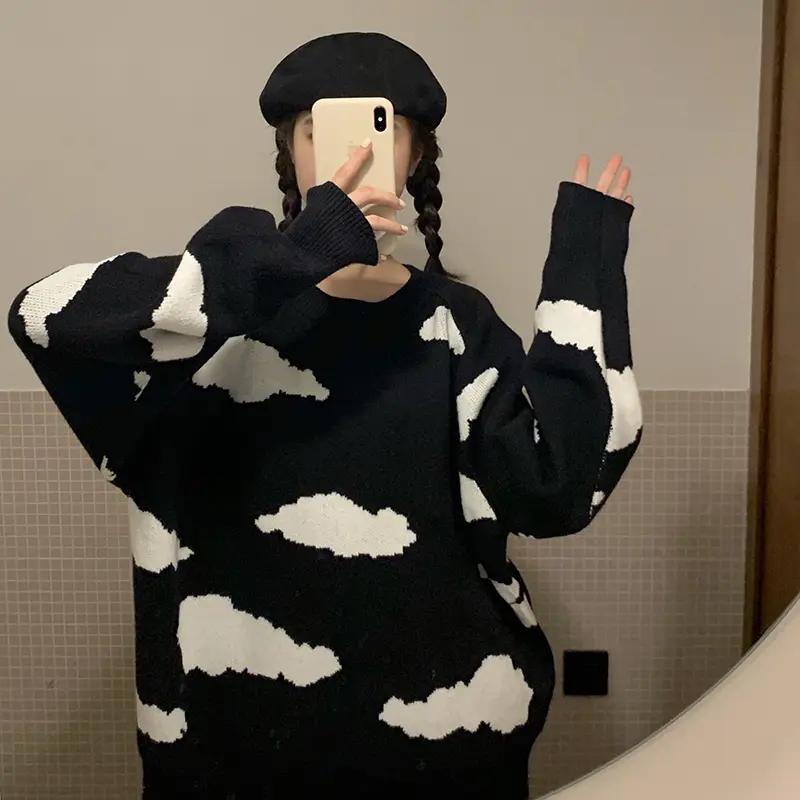 Japanese Sweater Women's Outer Wear Early Spring New Western Style Loose Lazy Style Pullover Soft Milk Blue Sweater Coat