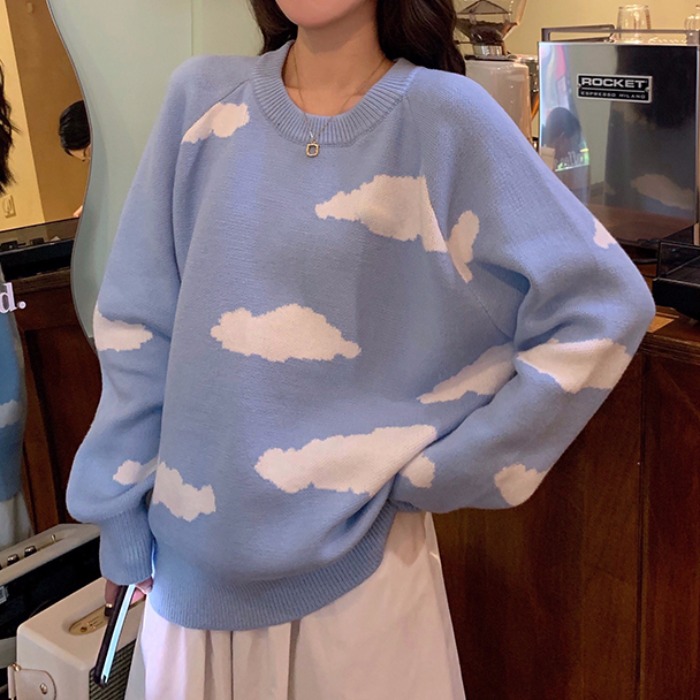 Japanese Sweater Women's Outer Wear Early Spring New Western Style Loose Lazy Style Pullover Soft Milk Blue Sweater Coat
